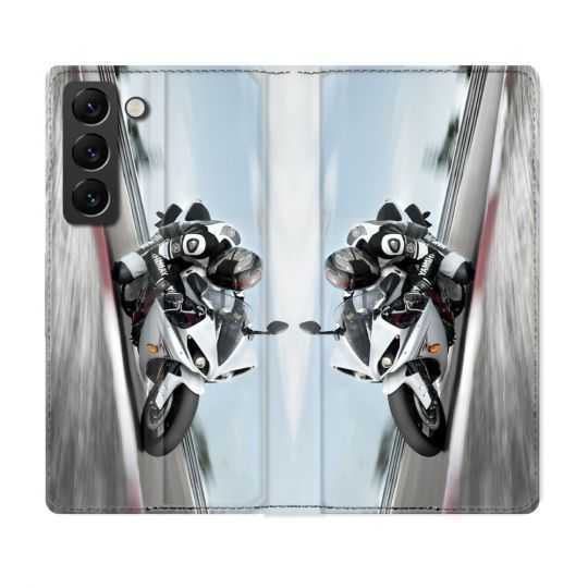 Housse Cuir Portefeuille Pour Samsung Galaxy S22 Plus Moto Course GP Blanche