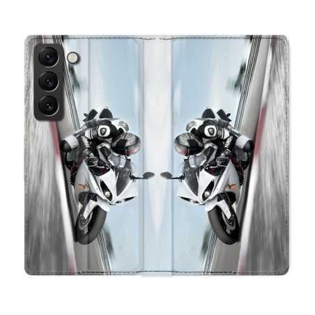 Housse Cuir Portefeuille Pour Samsung Galaxy S22 Plus Moto Course GP Blanche