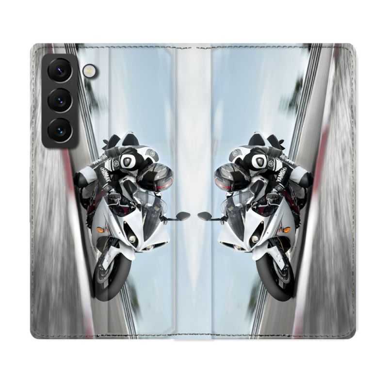 Housse Cuir Portefeuille Pour Samsung Galaxy S22 Plus Moto Course GP Blanche