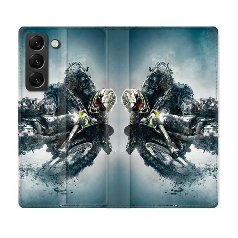 Housse Cuir Portefeuille Pour Samsung Galaxy S22 Plus Moto Cross Ombre