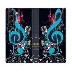 Housse Cuir Portefeuille Pour Samsung Galaxy S22 Plus Musique Cle Sol Bleu