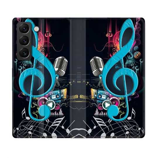Housse Cuir Portefeuille Pour Samsung Galaxy S22 Plus Musique Cle Sol Bleu