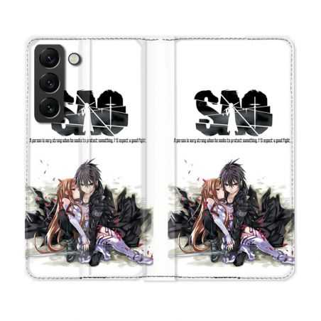 Housse Cuir Portefeuille Pour Samsung Galaxy S22 Manga SAO sword Art Online Blanc