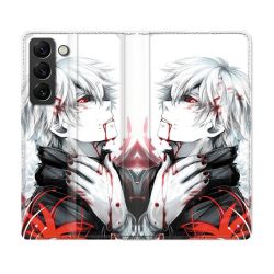 Housse Cuir Portefeuille Pour Samsung Galaxy S22 Manga Tokyo Ghoul Kaneki Blanc
