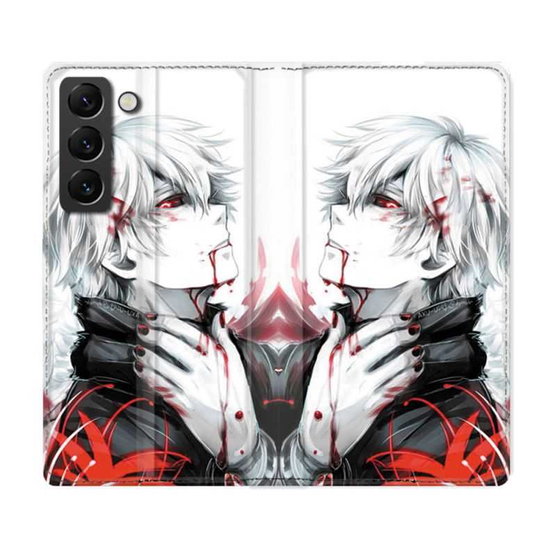 Housse Cuir Portefeuille Pour Samsung Galaxy S22 Manga Tokyo Ghoul Kaneki Blanc