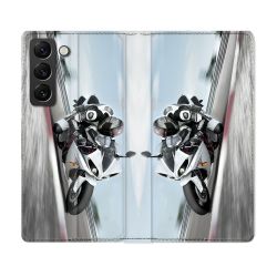 Housse Cuir Portefeuille Pour Samsung Galaxy S22 Moto Course GP Blanche