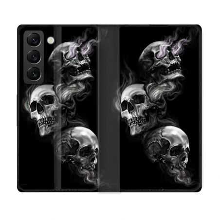 Housse Cuir Portefeuille Pour Samsung Galaxy S22 Plus Tete de Mort Triple