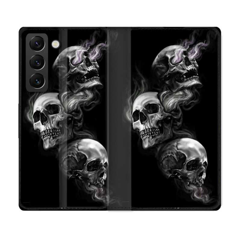 Housse Cuir Portefeuille Pour Samsung Galaxy S22 Plus Tete de Mort Triple
