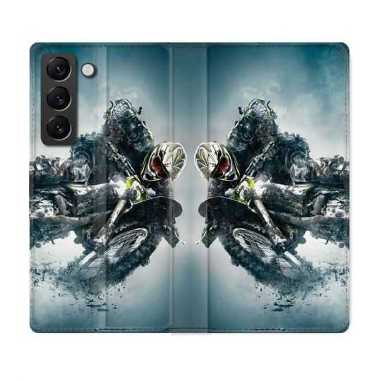Housse Cuir Portefeuille Pour Samsung Galaxy S22 Moto Cross Ombre