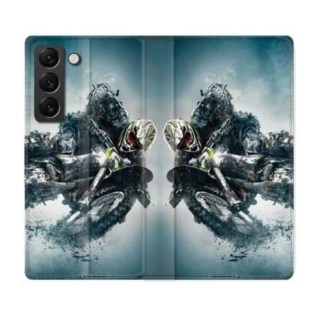 Housse Cuir Portefeuille Pour Samsung Galaxy S22 Moto Cross Ombre