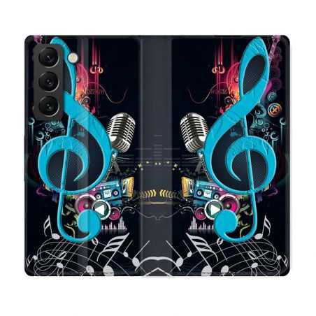 Housse Cuir Portefeuille Pour Samsung Galaxy S22 Musique Cle Sol Bleu