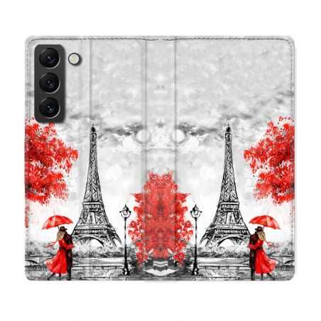 Housse Cuir Portefeuille Pour Samsung Galaxy S22 Plus Voyage France Paris Rouge