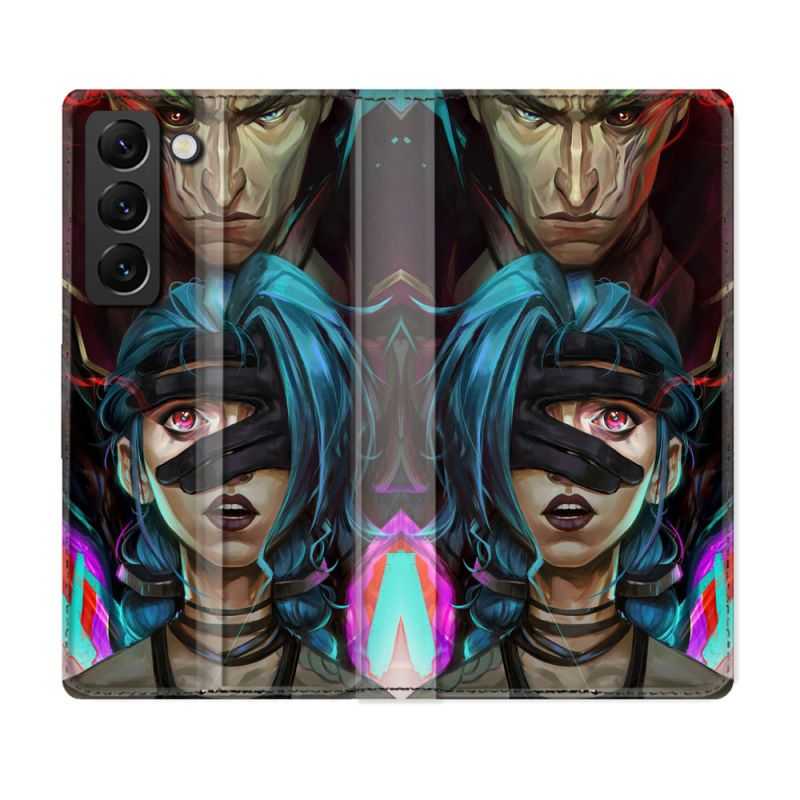 Housse Cuir Portefeuille Pour Samsung Galaxy S22 Plus Arcane Jynx Bleu