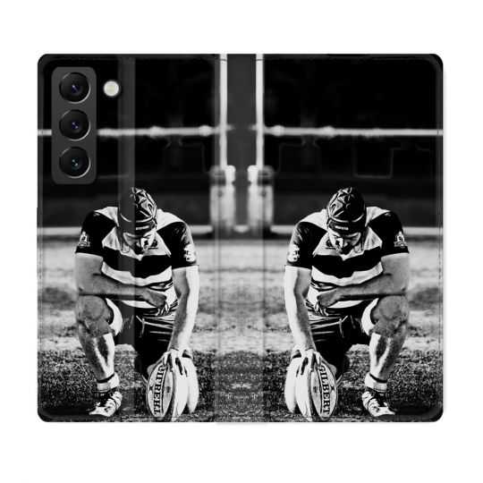 Housse Cuir Portefeuille Pour Samsung Galaxy S22 Sport Rugby Noir Blanc