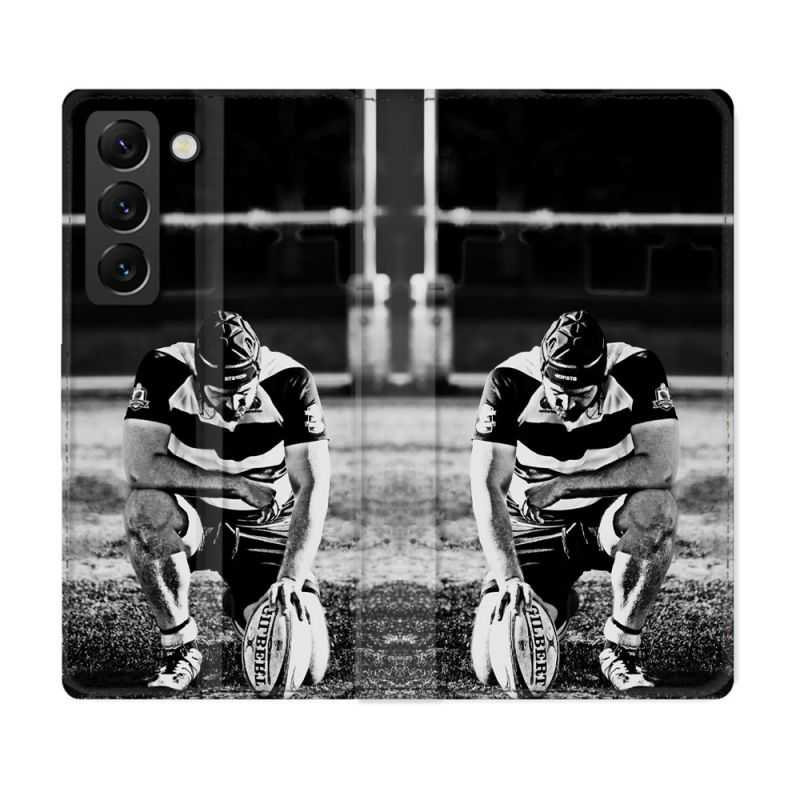 Housse Cuir Portefeuille Pour Samsung Galaxy S22 Sport Rugby Noir Blanc