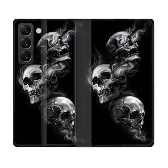 Housse Cuir Portefeuille Pour Samsung Galaxy S22 Tete de Mort Triple