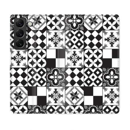 Housse Cuir Portefeuille Pour Samsung Galaxy S22 Texture Carreau Ciment Noir