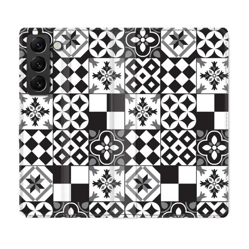 Housse Cuir Portefeuille Pour Samsung Galaxy S22 Texture Carreau Ciment Noir