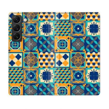 Housse Cuir Portefeuille Pour Samsung Galaxy S22 Texture Carreau Ciment Orange