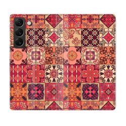 Housse Cuir Portefeuille Pour Samsung Galaxy S22 Texture Carreau Ciment Rouge