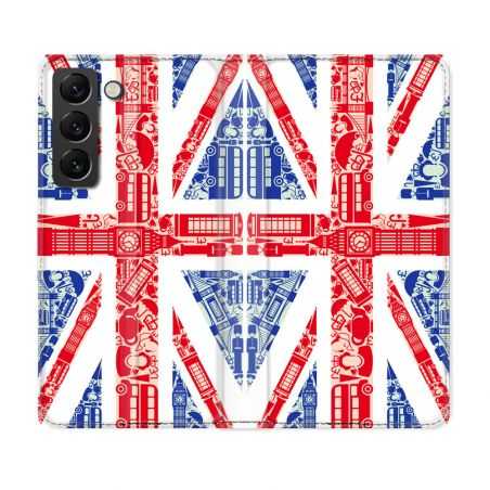 Housse Cuir Portefeuille Pour Samsung Galaxy S22 Voyage Angleterre Blanc