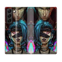 Housse Cuir Portefeuille Pour Samsung Galaxy S22 Arcane Jynx Bleu
