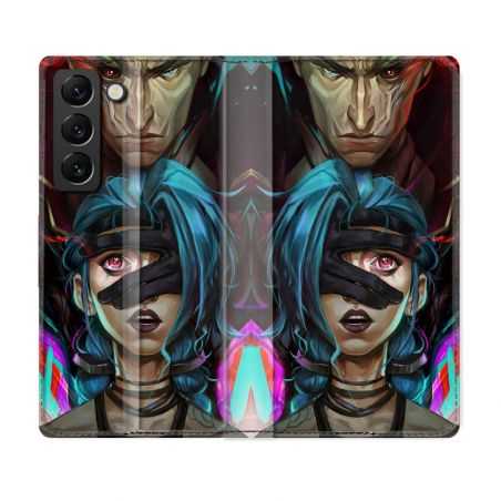 Housse Cuir Portefeuille Pour Samsung Galaxy S22 Arcane Jynx Bleu