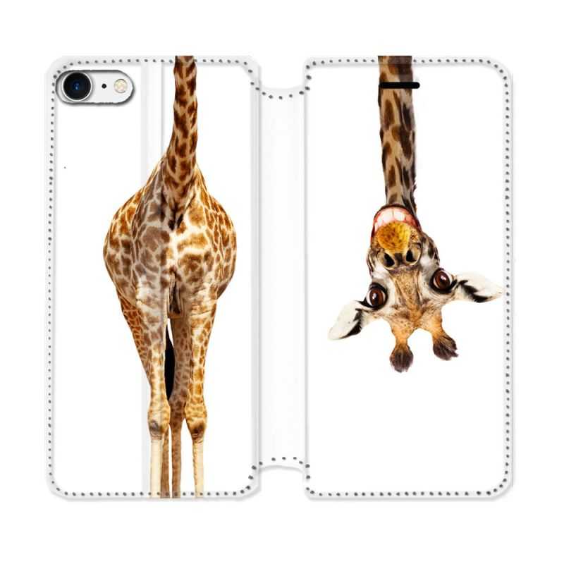 Housse Cuir Portefeuille Pour Iphone 7 / 8 / SE (2020 / 2022) Animal Girafe Blanche