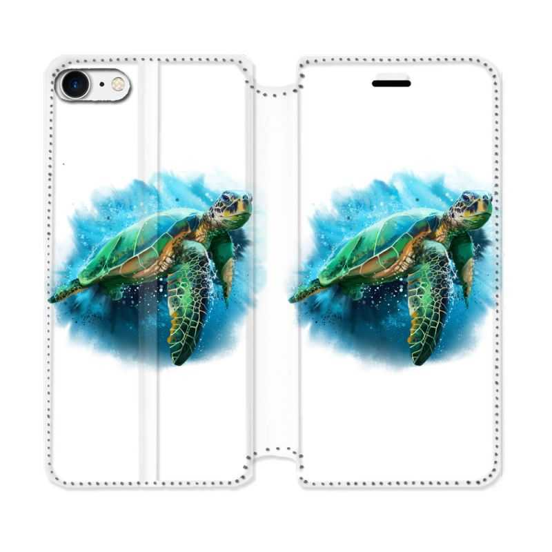 Housse Cuir Portefeuille Pour Iphone 7 / 8 / SE (2020 / 2022) Animal Tortue Blanche multicolore