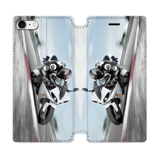 Housse Cuir Portefeuille Pour Iphone 7 / 8 / SE (2020 / 2022) Moto Course GP Blanche