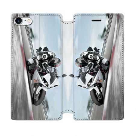 Housse Cuir Portefeuille Pour Iphone 7 / 8 / SE (2020 / 2022) Moto Course GP Blanche