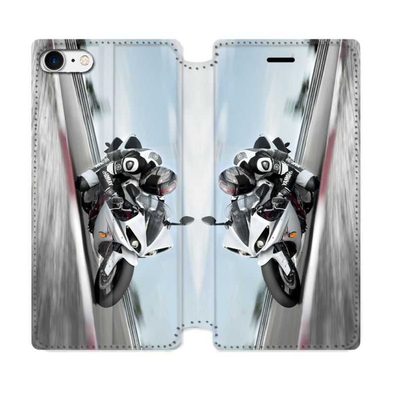 Housse Cuir Portefeuille Pour Iphone 7 / 8 / SE (2020 / 2022) Moto Course GP Blanche