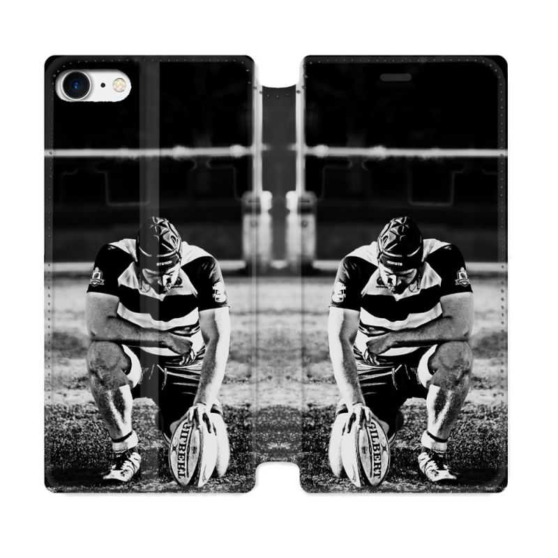 Housse Cuir Portefeuille Pour Iphone 7 / 8 / SE (2020 / 2022) Sport Rugby Noir Blanc