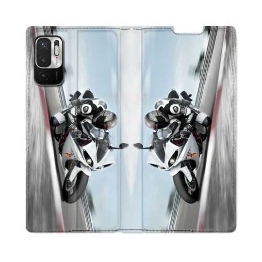 Housse Cuir Portefeuille Pour Redmi Note 10 5G Moto Course GP Blanche
