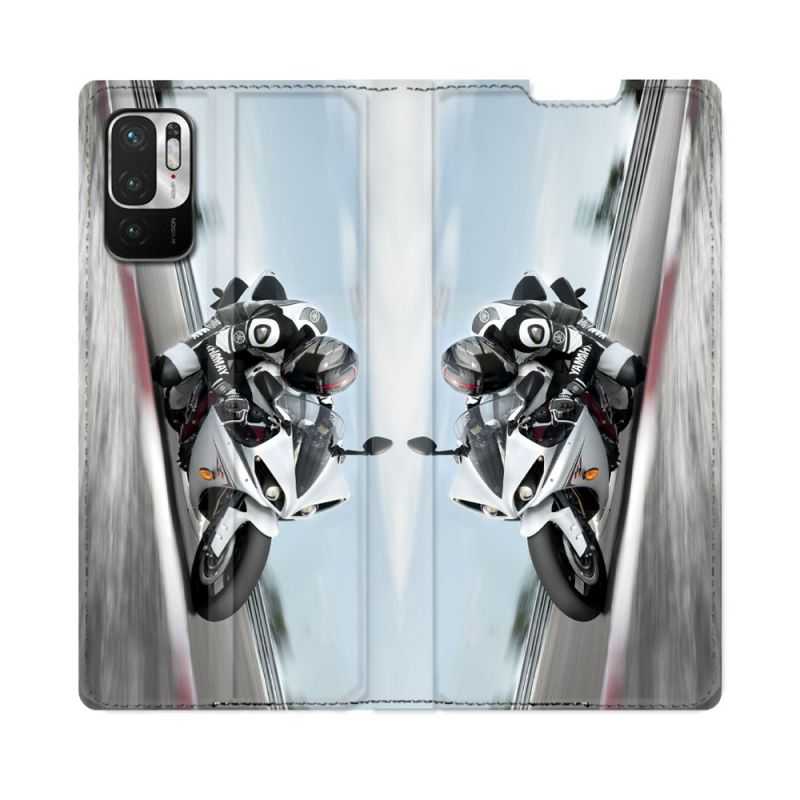 Housse Cuir Portefeuille Pour Redmi Note 10 5G Moto Course GP Blanche