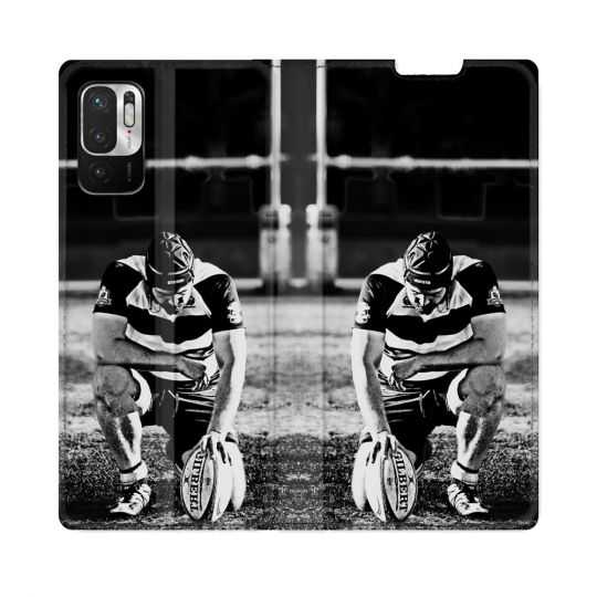 Housse Cuir Portefeuille Pour Redmi Note 10 5G Sport Rugby Noir Blanc