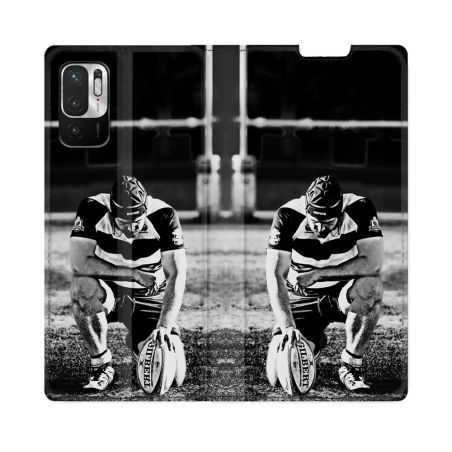 Housse Cuir Portefeuille Pour Redmi Note 10 5G Sport Rugby Noir Blanc