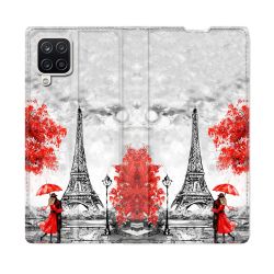 Housse Cuir Portefeuille Pour Samsung Galaxy A12 Voyage France Paris Rouge
