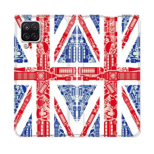 Housse Cuir Portefeuille Pour Samsung Galaxy A12 Voyage Angleterre Blanc