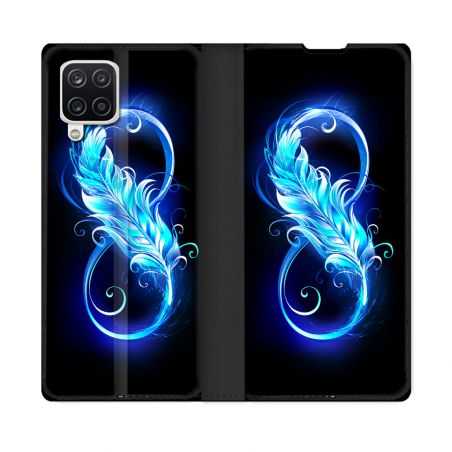 Housse Cuir Portefeuille Pour Samsung Galaxy A12 Texture Plume Infini Bleu