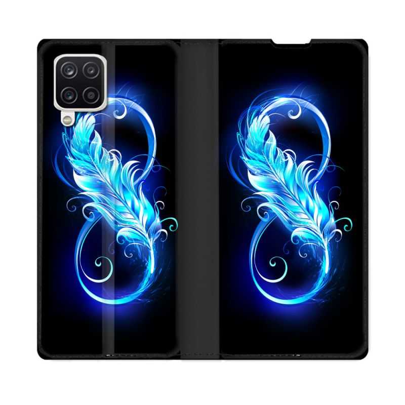 Housse Cuir Portefeuille Pour Samsung Galaxy A12 Texture Plume Infini Bleu