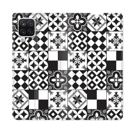Housse Cuir Portefeuille Pour Samsung Galaxy A12 Texture Carreau Ciment Noir