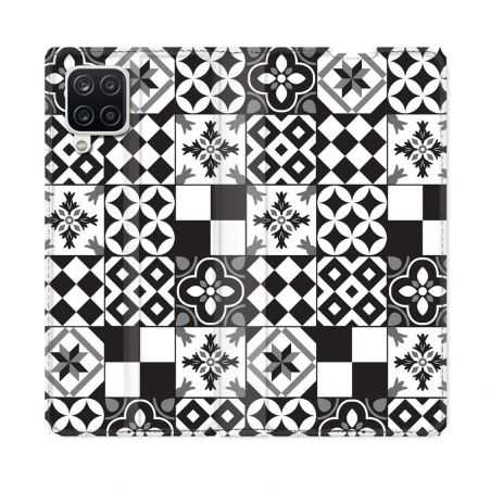 Housse Cuir Portefeuille Pour Samsung Galaxy A12 Texture Carreau Ciment Noir