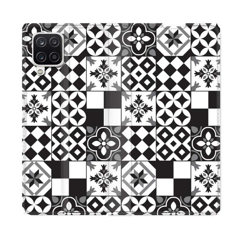 Housse Cuir Portefeuille Pour Samsung Galaxy A12 Texture Carreau Ciment Noir