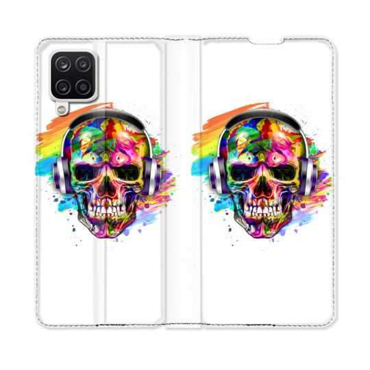 Housse Cuir Portefeuille Pour Samsung Galaxy A12 Tete de Mort Tag