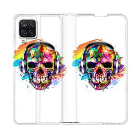 Housse Cuir Portefeuille Pour Samsung Galaxy A12 Tete de Mort Tag