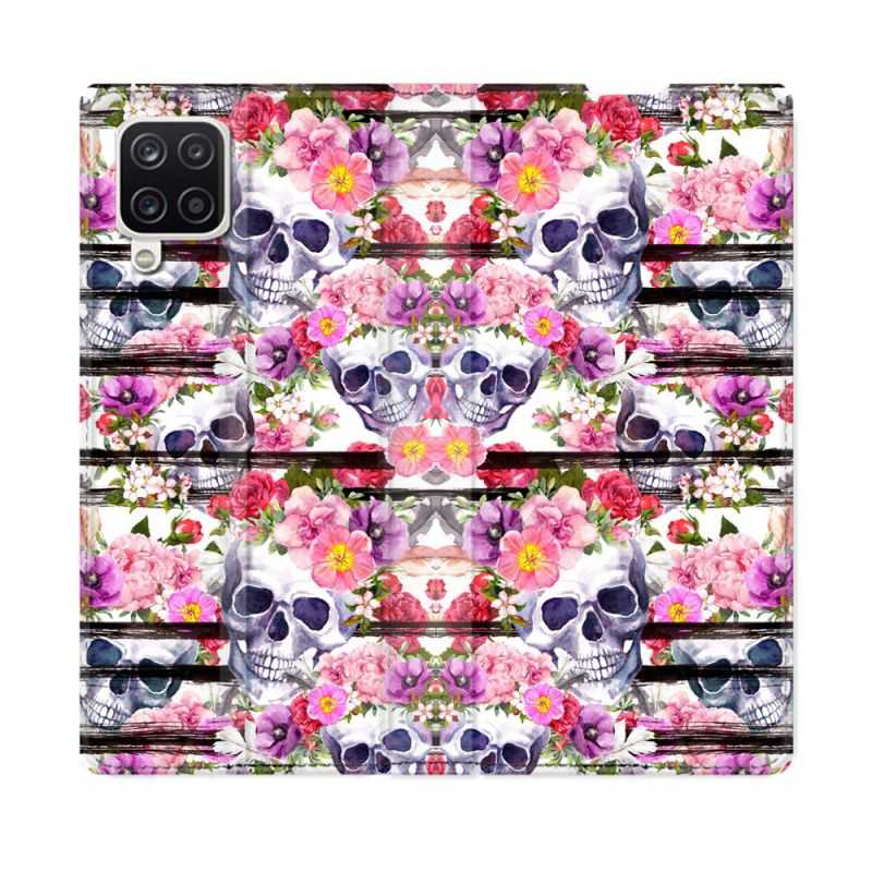 Housse Cuir Portefeuille Pour Samsung Galaxy A12 Tete de Mort Pattern