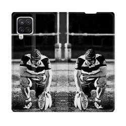 Housse Cuir Portefeuille Pour Samsung Galaxy A12 Sport Rugby Noir Blanc