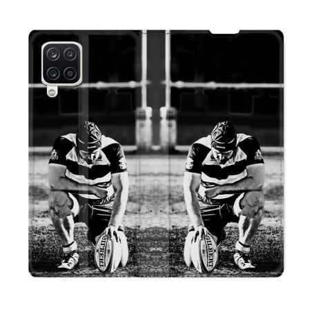 Housse Cuir Portefeuille Pour Samsung Galaxy A12 Sport Rugby Noir Blanc