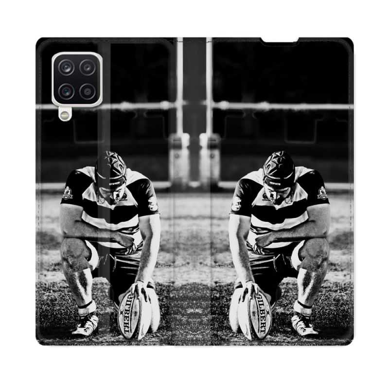 Housse Cuir Portefeuille Pour Samsung Galaxy A12 Sport Rugby Noir Blanc